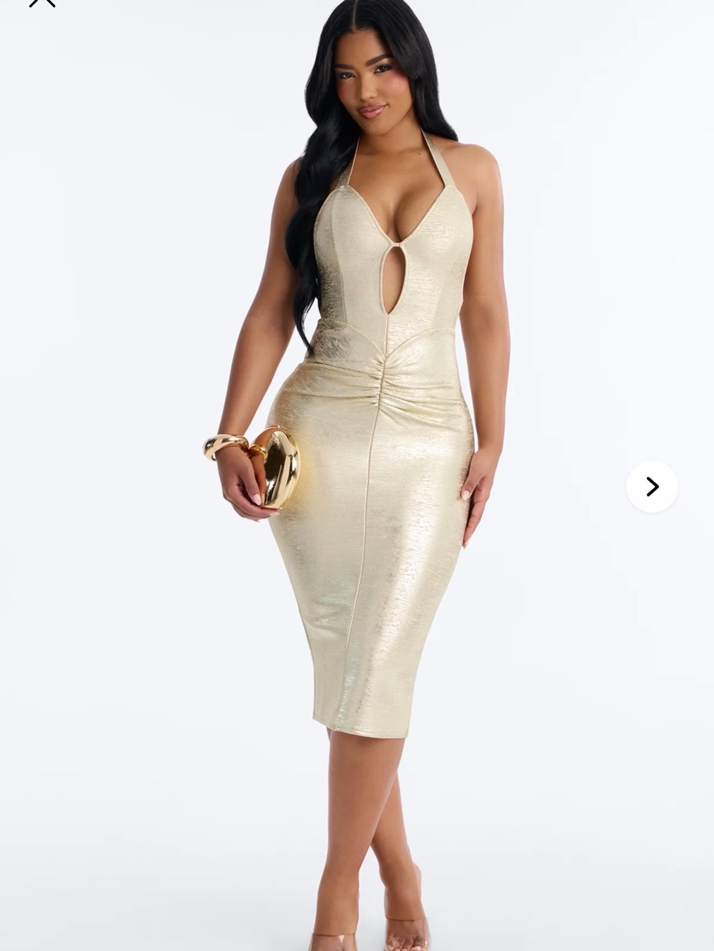 Fashion Nova Metallic Gold Halter Midi Dress